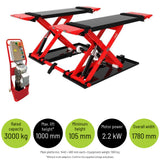 3 Tonne Mid-Rise Car Scissor Lift — Rated capacity: 3000 kg; Max. lift height*: 1000 mm; Minimum height: 105 mm; Motor power: 2.2 kW; Overall width: 1780 mm. Main platforms: 1440 × 460 mm each • Equipment weight: 590 kg *Without truck adaptors. Confirm the supplied voltage and phase.