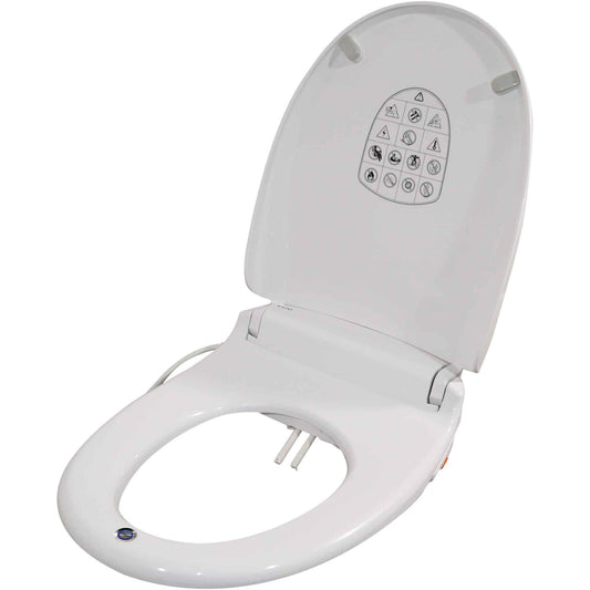 White electric bidet toilet seat with built-in control panel