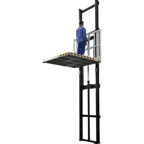 Mezzanine lift with a raised platform and vertical guide structure