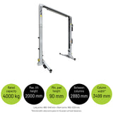 Pro Series 2-Post Vehicle Lift - Baseless — Rated capacity: 4000 kg; Max. lift height: 2000 mm; Min. pad height: 90 mm; Between columns: 2880 mm; Column width*: 3499 mm. Long arms: 880–1440 mm • Short arms: 680–1230 mm *Nominal width; allow extra space for the power unit and clearances.