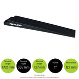TRR2 - 127mm Trailer Ramps — Nominal length: 1702 mm; Nominal width: 355 mm; Nominal height: 127 mm; Incline: 4°; Rear recess: 127 mm. One-piece design Dimensions are nominal. Confirm suitability for your vehicle and equipment.