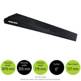 TRR4 - 178mm Trailer Ramps — Nominal length: 1879 mm; Nominal width: 355 mm; Nominal height: 178 mm; Incline: 6°; Rear recess: 127 mm. One-piece design Dimensions are nominal. Confirm suitability for your vehicle and equipment.