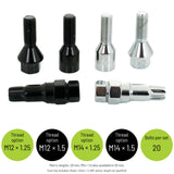 Tuner Wheel Bolt Set — Thread option: M12 × 1.25; Thread option: M12 × 1.5; Thread option: M14 × 1.25; Thread option: M14 × 1.5; Bolts per set: 20. Metric lengths: 28 mm; M14 × 1.5 also available in 35 mm. Tuner key included • Black / Silver • ½ UNF option: length not specified.