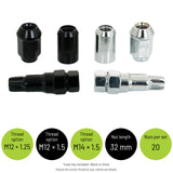 Tuner Wheel Nut Set — Thread option: M12 × 1.25; Thread option: M12 × 1.5; Thread option: M14 × 1.5; Nut length: 32 mm; Nuts per set: 20. Tuner key included • Black or Silver Choose the correct thread for your vehicle and wheels.