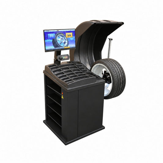 Matt black wheel balancer with digital display and wheel hood
